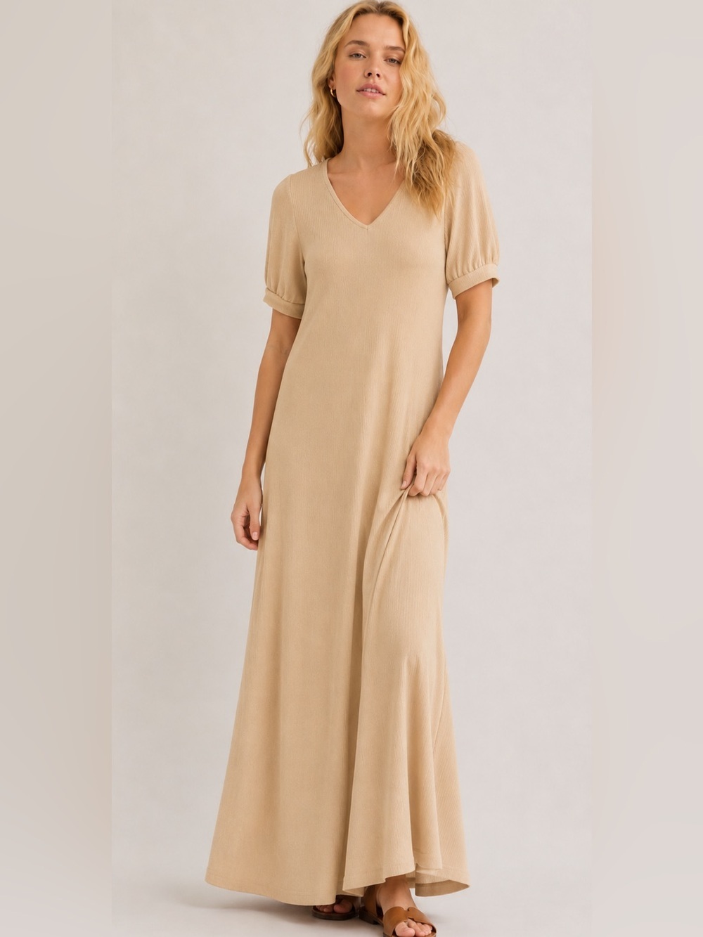 FP Beach Free People Montauk Sweater Midi Dress Knit Puff Sleeves Beige